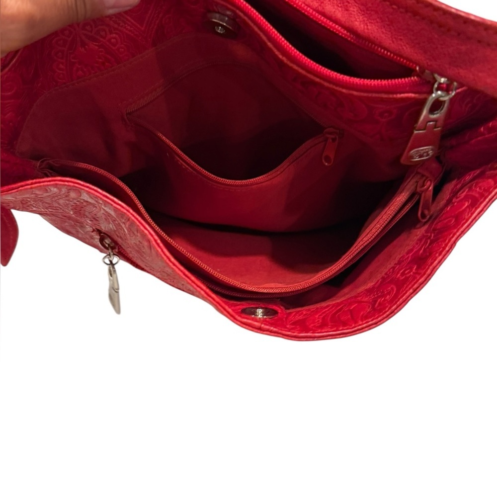 Genuine Leather Red Embossed Paisley Style Shoulder Bag with Adjustable Straps - Picture 9 of 15
